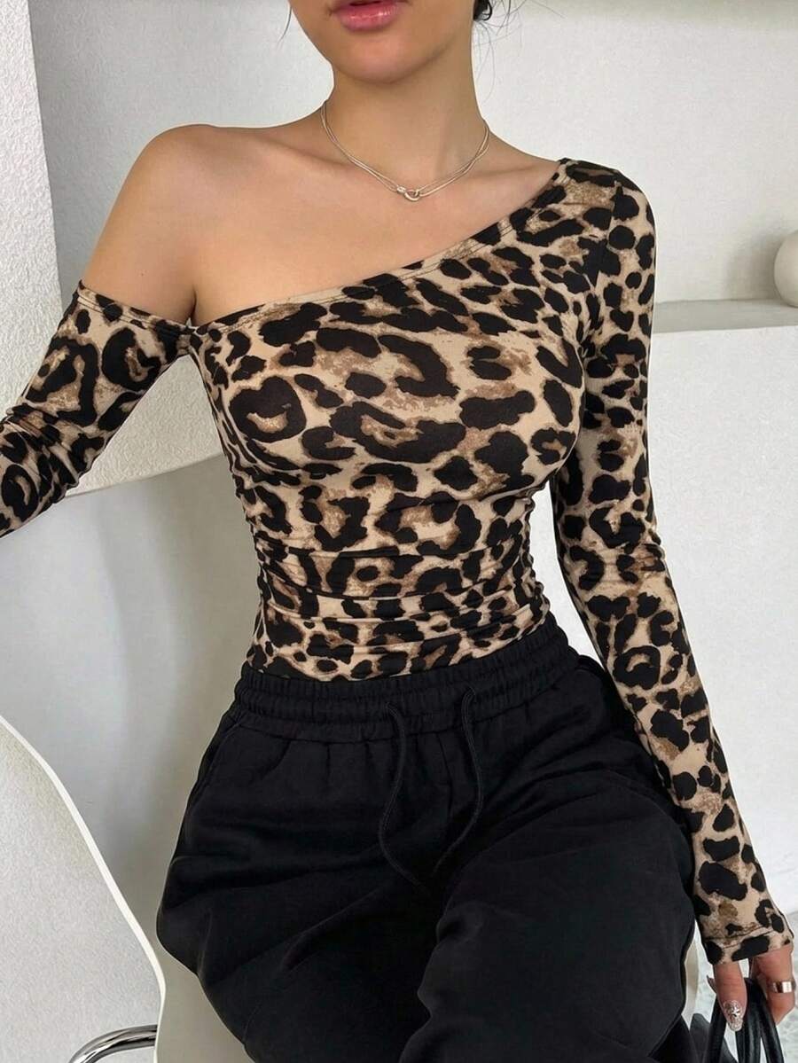 Dazy Star Women's Leopard Print Long Sleeve Asymmetrical Shoulder Fitted T-Shirt - Multicolor - View 1