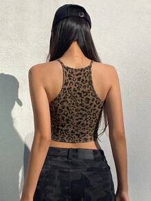 DAZY Spaghetti Strap Leopard Print Fitted Ribbed Crop Top, Fashionable Summer Halter Top Thin Clothing Going Out Tops - Multicolor - View 3