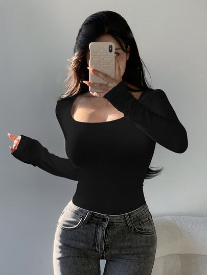 DAZY Camiseta de mujer de unicolor de cuello redondo grande y ajustada, ropa de otoño con mangas largas para mujeres