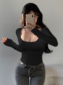 DAZY Women's Solid Color Large Round Neck Slim Fit T-Shirt,Fall Clothes Long Sleeve Women Tops - Black - View 3