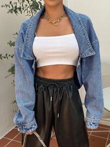 DAZY Drop Shoulder Open Front Crop Denim Jacket Y2k Long Sleeve Tops - Medium Wash - View 5