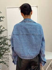 DAZY Drop Shoulder Open Front Crop Denim Jacket Y2k Long Sleeve Tops - Medium Wash - View 3