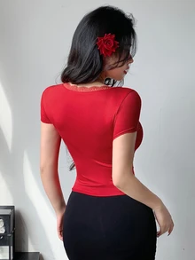 DAZY Women Contrast Lace Bow Decor Square Collar Short Sleeve Slim Fit T-Shirt Valentine's Day Cute Tops - Red - View 4