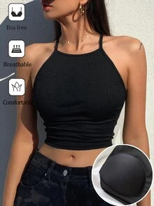 DAZY Women's Summer Casual Camisole With Built-In Padded Bra, Sexy & Comfortable Crop Top Going Out Tops - Black - View 2