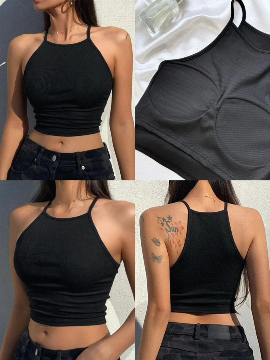 DAZY Women's Summer Casual Camisole With Built-In Padded Bra, Sexy & Comfortable Crop Top Going Out Tops - Black - View 1