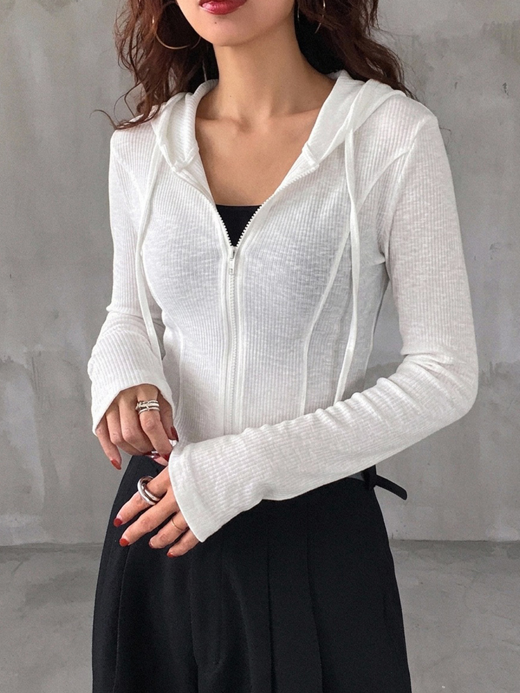 DAZY Women's Solid Color Front Zipper Drawstring Minimalist Hooded See-Through Casual Top Y2k Women Jacket,Fall Women Clothes - White - View 5