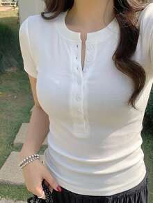DAZY Women Round Neck Open Front Short Sleeve Fitted T-Shirt Y2k - White - View 11