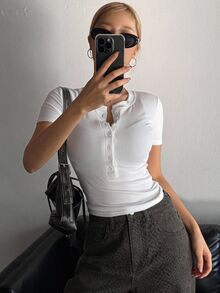 DAZY Women Round Neck Open Front Short Sleeve Fitted T-Shirt Y2k - White - View 2