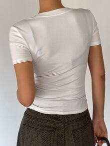 DAZY Women Round Neck Open Front Short Sleeve Fitted T-Shirt Y2k - White - View 5