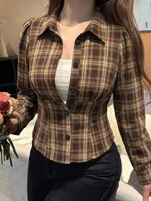 REIGN AVE Plaid Collar Cinched Waist Puff Short Sleeve Cropped Shirt Autumn Thanksgiving Formal Graduation Brown Casual Vintage - Brown - View 7