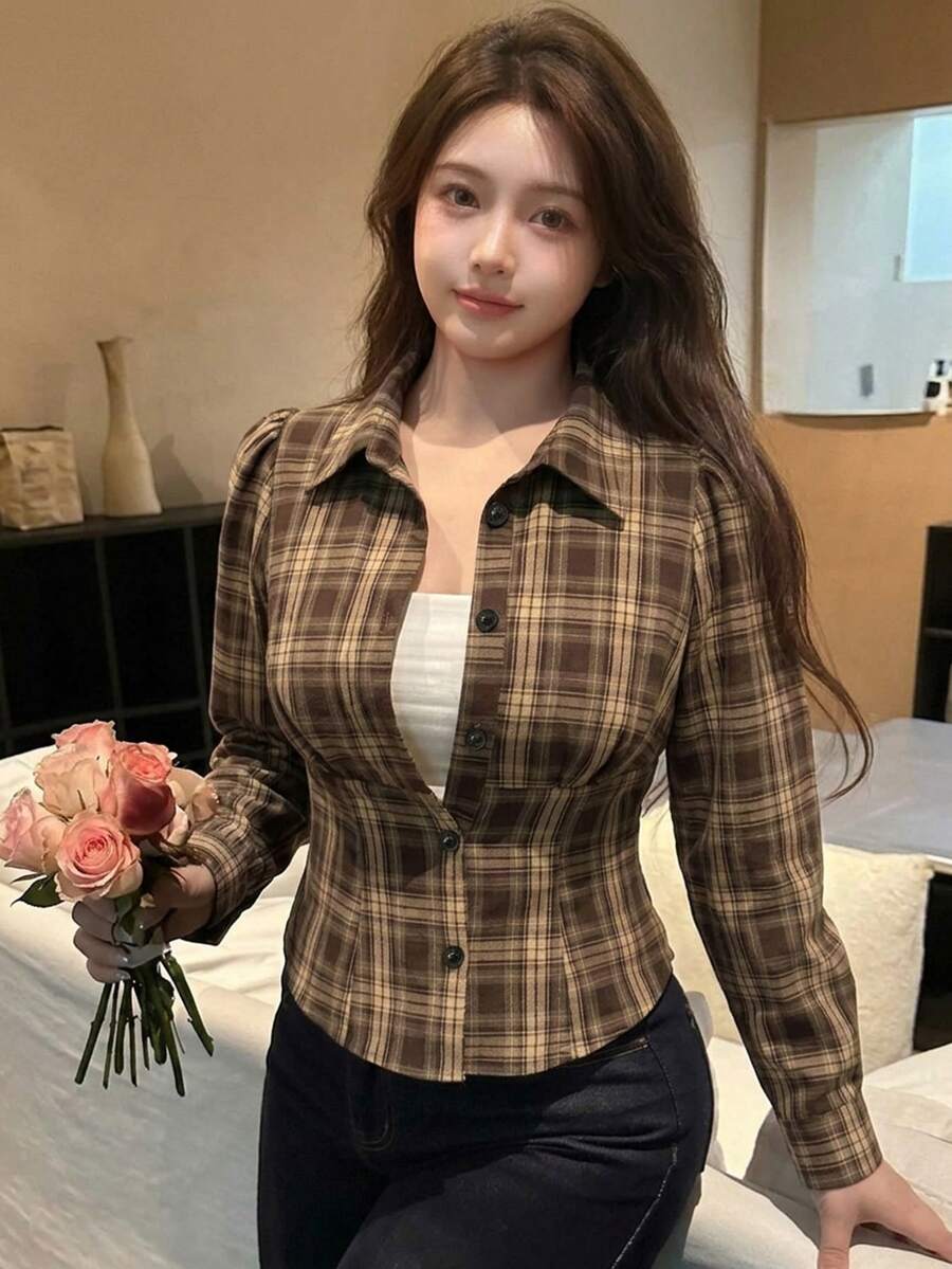 REIGN AVE Plaid Collar Cinched Waist Puff Short Sleeve Cropped Shirt Autumn Thanksgiving Formal Graduation Brown Casual Vintage - Brown - View 1
