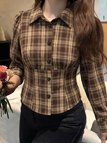 REIGN AVE Plaid Collar Cinched Waist Puff Short Sleeve Cropped Shirt Autumn Thanksgiving Formal Graduation Brown Casual Vintage - Brown - View 2