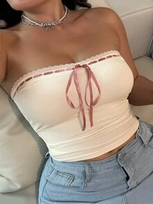 REIGN AVE Stretchy Cropped Bandeau Sexy Crop Top With Drawstring Decor, Plus Size, White Top For Spring/Summer - Apricot - View 4