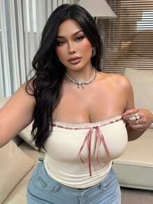 REIGN AVE Stretchy Cropped Bandeau Sexy Crop Top With Drawstring Decor, Plus Size, White Top For Spring/Summer - Apricot - View 1