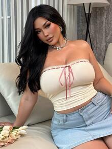 REIGN AVE Stretchy Cropped Bandeau Sexy Crop Top With Drawstring Decor, Plus Size, White Top For Spring/Summer - Apricot - View 7