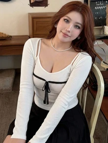 REIGN AVE Korean Style Solid Color Bow Long Sleeve T-Shirt Set, Spring/Autumn New Arrival - White - View 1
