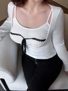 REIGN AVE Korean Style Solid Color Bow Long Sleeve T-Shirt Set, Spring/Autumn New Arrival - White - View 4