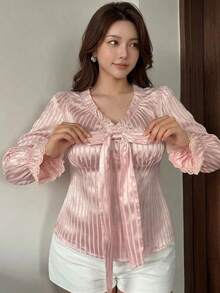 REIGN AVE Plaid Collar Cinched Waist Puff Short Sleeve Cropped Blouse Autumn Party Date Night Pink Elegant Fairy - Pink - View 1
