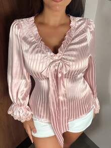 REIGN AVE Plaid Collar Cinched Waist Puff Short Sleeve Cropped Blouse Autumn Party Date Night Pink Elegant Fairy - Pink - View 3