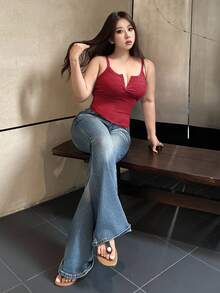 REIGN AVE Plus Size Women Solid Color Half-Open Collar Tight Stretch Cropped Camisole Top Summer Formal Night Red Casual Sexy - Red - View 4
