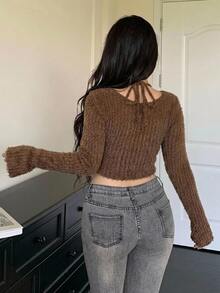 REIGN AVE Plus Size Brown Sexy Drawstring Tie Cami Vacation Slim Fit Cropped Long Sleeve T-Shirt - Brown - View 4