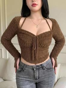 REIGN AVE Plus Size Brown Sexy Drawstring Tie Cami Vacation Slim Fit Cropped Long Sleeve T-Shirt - Brown - View 2