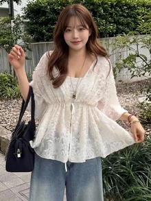 REIGN AVE 格紋領收腰泡泡短袖短版襯衫 - 杏色 - 查看 1