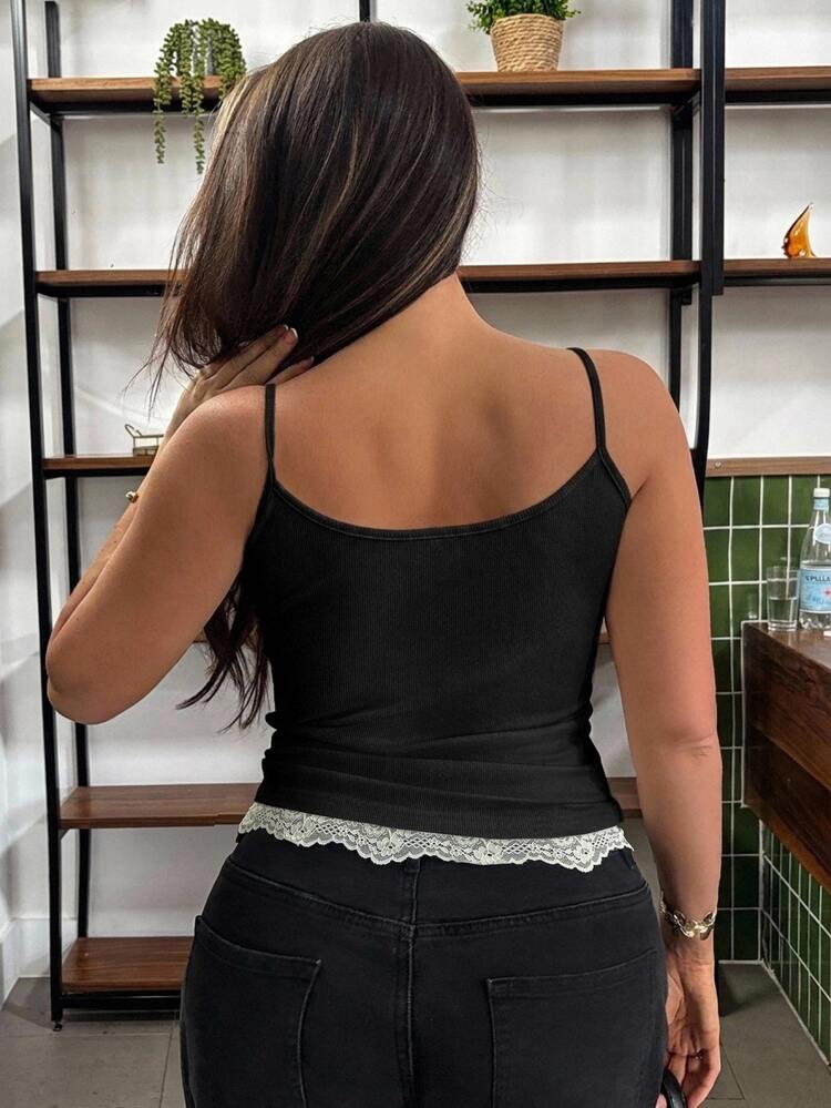 REIGN AVE Women's Solid Color Fitted Elastic Base Layer With Contrast Lace Camisole Top, Casual Vacation Summer Tank Top - Black - View 2