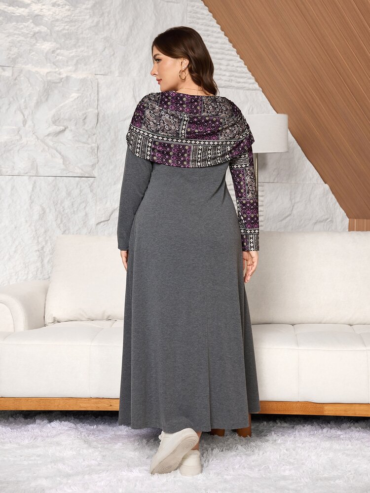Lacomfia Women's Elegant Minimalist Fashion Printed Ruched Neck Versatile Fit Long Sleeve Plus Size Dress - Grey - View 2