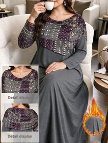 Lacomfia Women's Elegant Minimalist Fashion Printed Ruched Neck Versatile Fit Long Sleeve Plus Size Dress - Grey - View 1