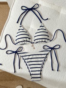 SHEIN Swim Women's Summer/Fall Jacquard Fabric Halter Neck Sexy Elegant Chic Bikini Set(Only 2-Piece,No Bottom) Beach Swim Navy And White Going Out - Apricot - View 2