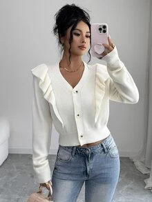 Selianne Women's V-Neck Frill Trim 3-Button Knit Cardigan - White - View 8