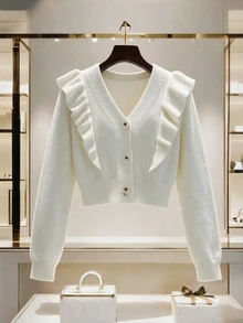 Selianne Women's V-Neck Frill Trim 3-Button Knit Cardigan - White - View 7
