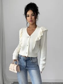 Selianne Women's V-Neck Frill Trim 3-Button Knit Cardigan - White - View 5