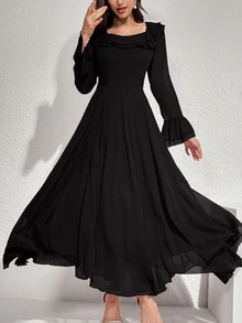 Modelyn Women's Solid Color Long Sleeve Ruffle Hem Elegant Summer Dress Maxi Women Outfit Long Evening Dresses Fall Cloth For Women - Black - View 6