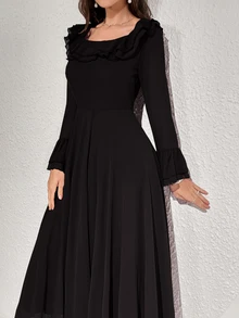 Modelyn Women's Solid Color Long Sleeve Ruffle Hem Elegant Summer Dress Maxi Women Outfit Long Evening Dresses Fall Cloth For Women - Black - View 7