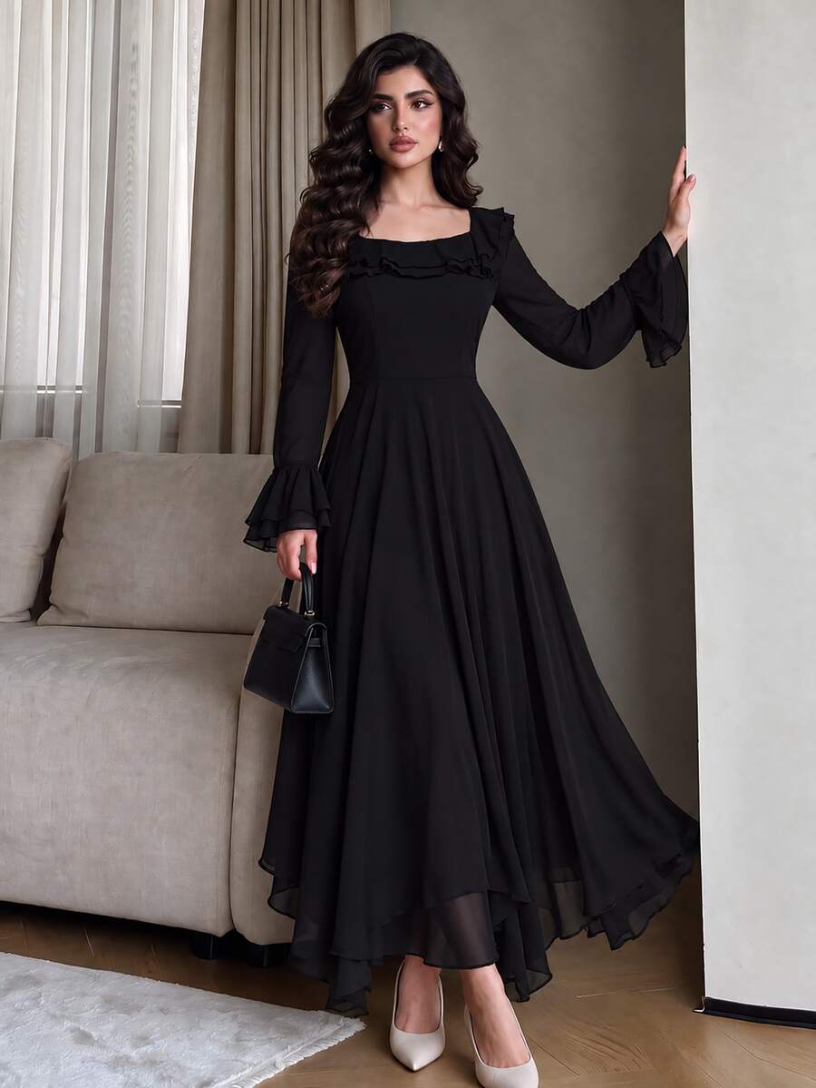 Modelyn Women's Solid Color Long Sleeve Ruffle Hem Elegant Summer Dress Maxi Women Outfit Long Evening Dresses Fall Cloth For Women - Black - View 1