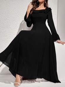 Modelyn Women's Solid Color Long Sleeve Ruffle Hem Elegant Summer Dress Maxi Women Outfit Long Evening Dresses Fall Cloth For Women - Black - View 3