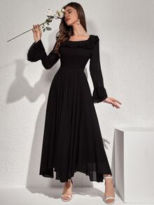 Modelyn Women's Solid Color Long Sleeve Ruffle Hem Elegant Summer Dress Maxi Women Outfit Long Evening Dresses Fall Cloth For Women - Black - View 8