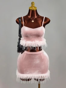 Mistrie Women's Velvet Spaghetti Strap Feather Cropped Tank Top And Bodycon Mini Skirt 2 Pieces Set - Baby Pink - View 2
