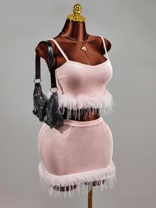 Mistrie Women's Velvet Spaghetti Strap Feather Cropped Tank Top And Bodycon Mini Skirt 2 Pieces Set - Baby Pink - View 6