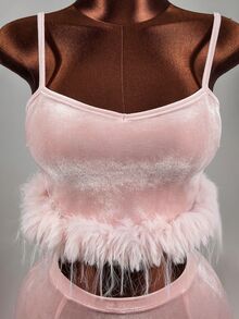 Mistrie Women's Velvet Spaghetti Strap Feather Cropped Tank Top And Bodycon Mini Skirt 2 Pieces Set - Baby Pink - View 4