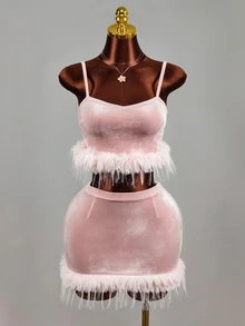 Mistrie Women's Velvet Spaghetti Strap Feather Cropped Tank Top And Bodycon Mini Skirt 2 Pieces Set - Baby Pink - View 7