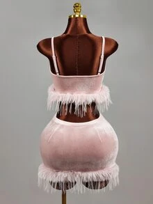 Mistrie Women's Velvet Spaghetti Strap Feather Cropped Tank Top And Bodycon Mini Skirt 2 Pieces Set - Baby Pink - View 8
