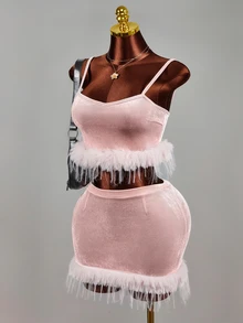 Mistrie Women's Velvet Spaghetti Strap Feather Cropped Tank Top And Bodycon Mini Skirt 2 Pieces Set - Baby Pink - View 10