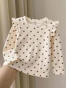 SHEIN Baby Girl Baby Girl Simple Knitted Heart Pattern Flutter Sleeve Basic Casual Long Sleeve T-Shirt - Multicolor - View 2