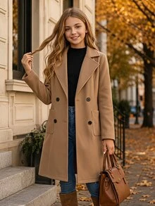 SHEIN Elladie kids 青少年女孩長袖抓絨秋季外套，秋冬套裝，休閒端莊，極簡主義，街頭風，西裝領感恩節駝色 - 卡其色 - 查看 1