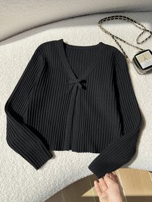 SHEIN 青少年女孩針織蝴蝶結開襟外套，搭配細肩帶背心，秋季穿搭 - 黑色 - 查看 4