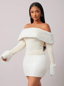 Radiana Women's Regular Faux Fur Patchwork Off Shoulder Long Sleeve Fitted Sweater In Fall/Winter - Apricot - View 2