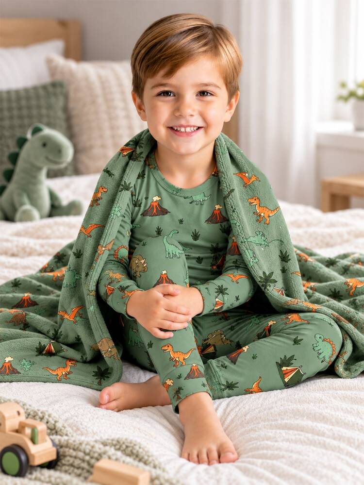 Young Boy Thickened Dinosaur Print Pajama Set, Snug Fit 2pcs Soft Knit Long Sleeve Top & Slim Fit Pants, Warm Fall Winter Loungewear - Green - View 1